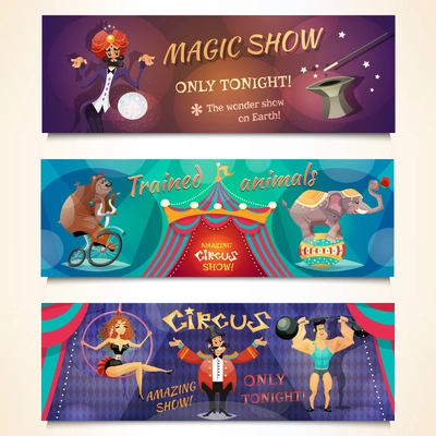 Circus horizontal banner set with magic show and animals alvertising isolated vector illustration