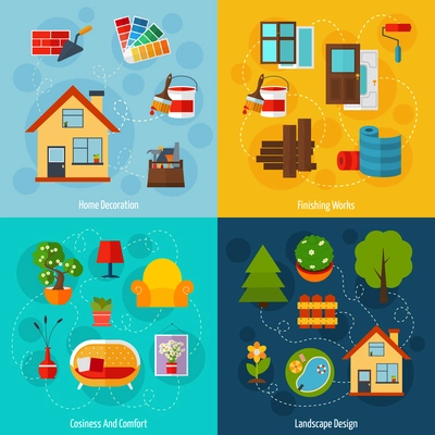 Interior design concept set with home decoration finishing works cosiness comfort and landscape flat icons isolated vector illustration