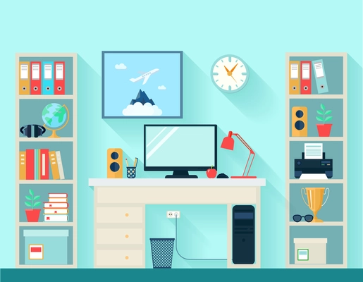 Workspace in room with computer table and bookshelves on blue wallpaper background flat vector illustration