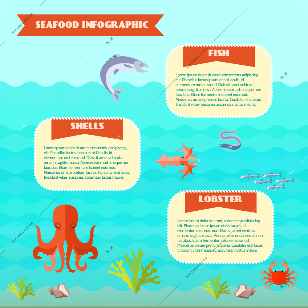 Sea food infographics set with fish and lobster on underwater background vector illustration