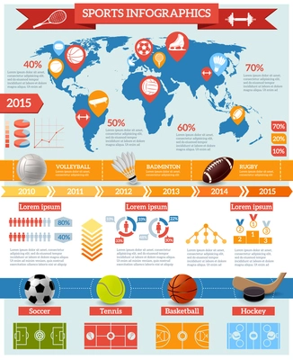 Sport infographics set with game equipment world map and charts vector illustration