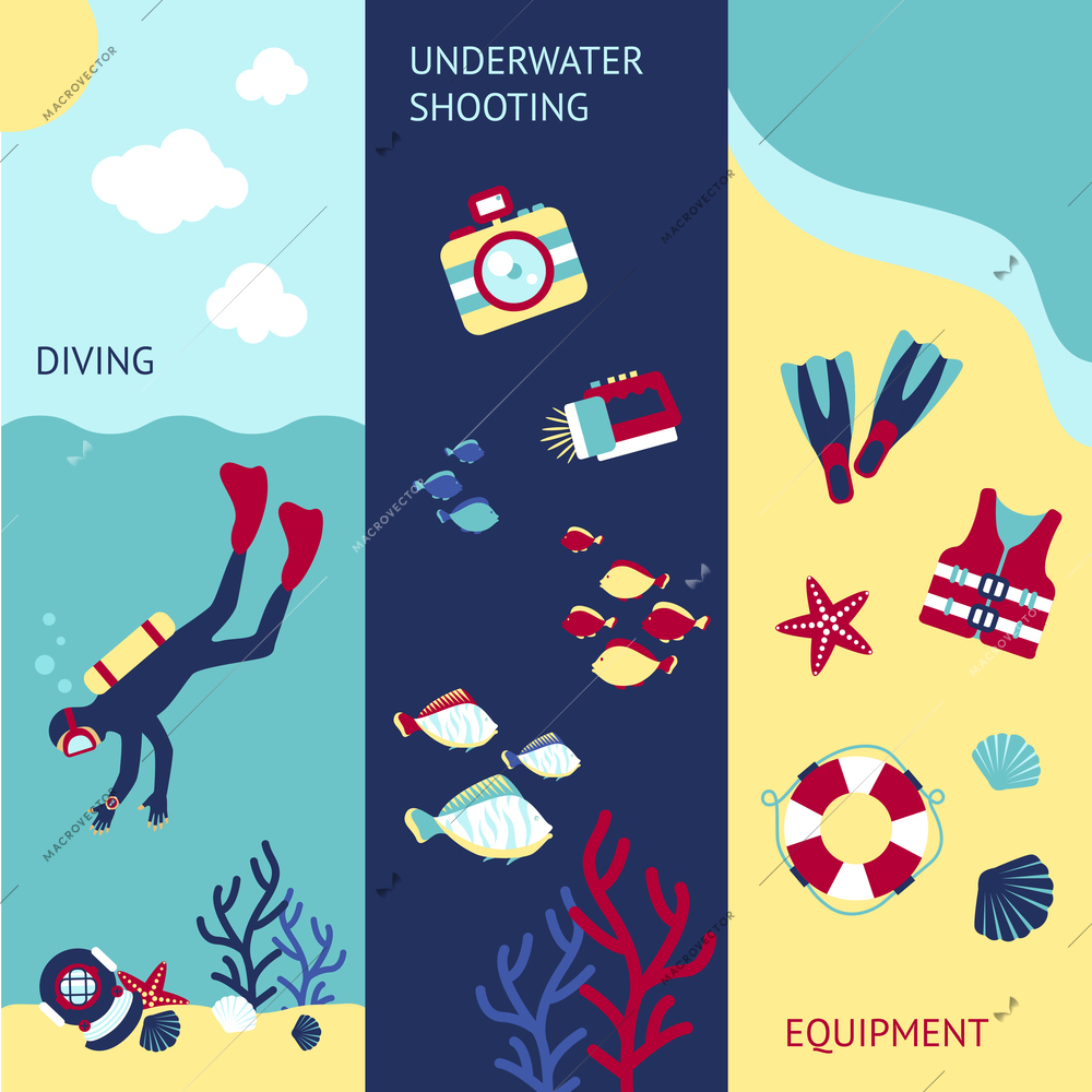 Diving vertical banner set with underwater shooting equipment elements isolated vector illustration