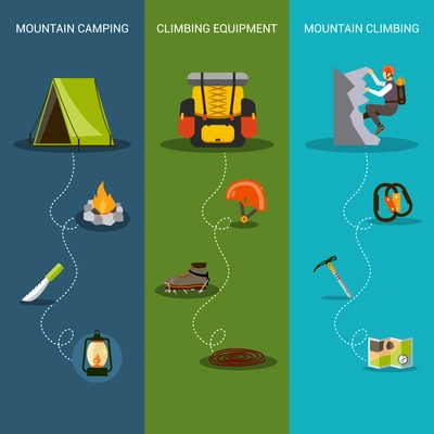 Climbing banner vertical set with mountain camping equipment elements isolated vector illustration