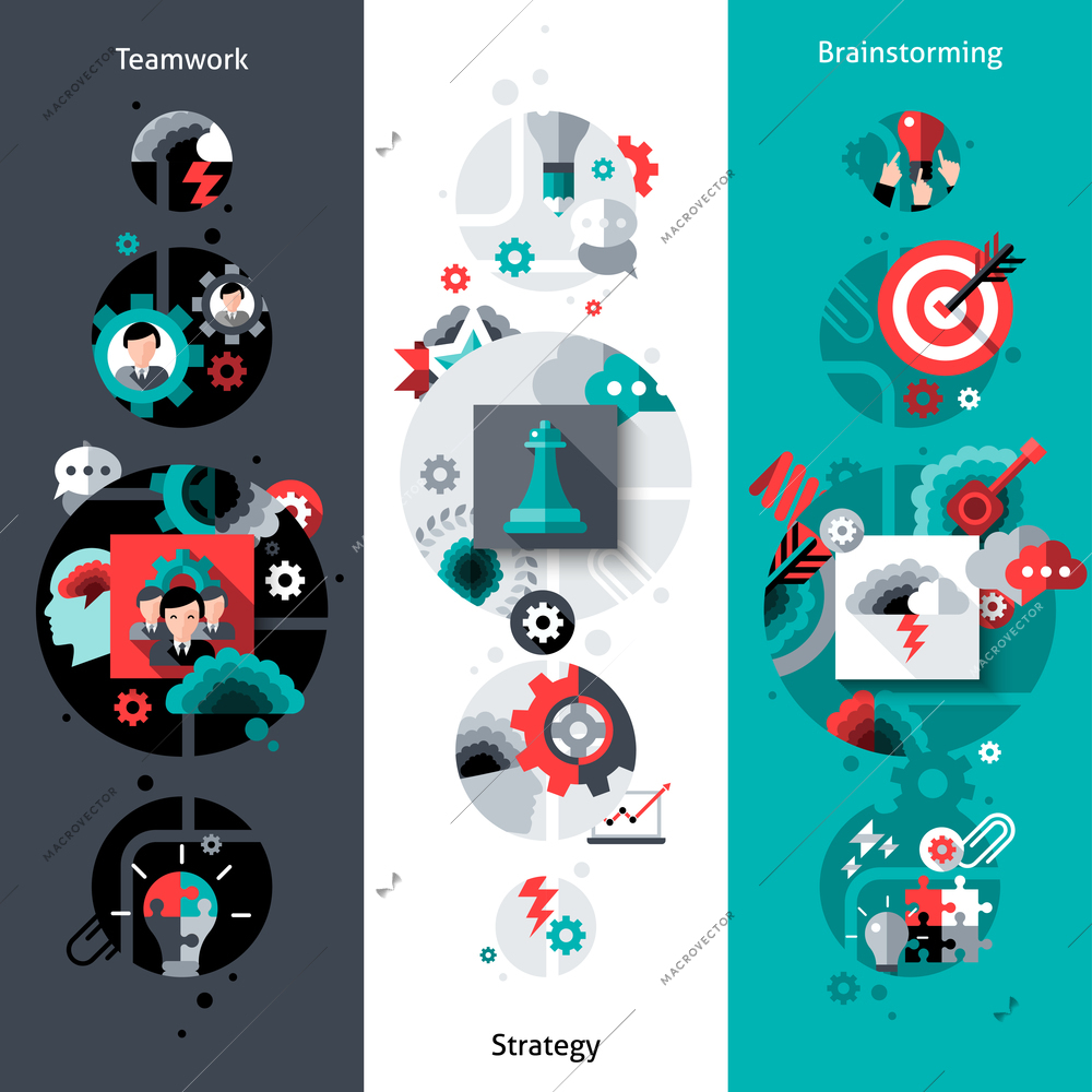 Teamwork vertical banner set with brainstorming and strategy flat elements isolated vector illustration