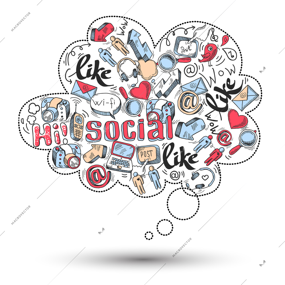 Doodle speech bubble icon with social media infographics isolated vector illustration