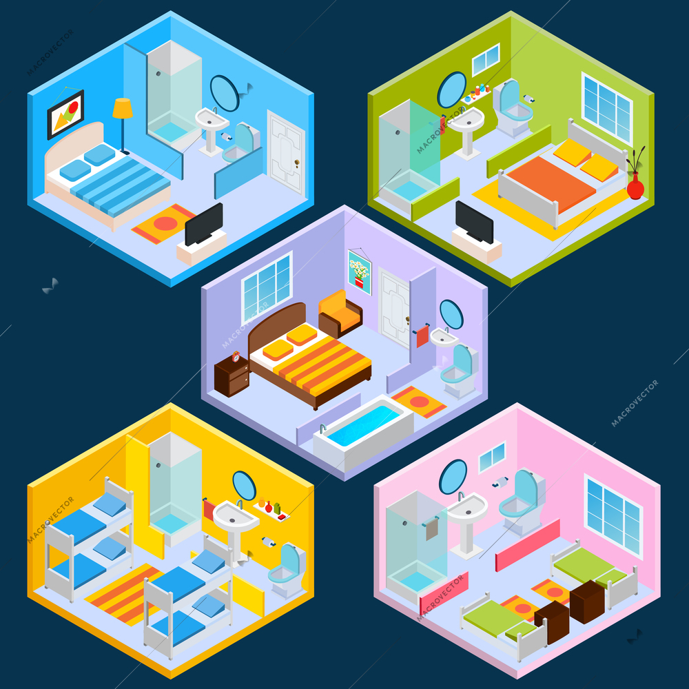 Isometric hotel interior set with 3d furniture and decoration icons isolated vector illustration