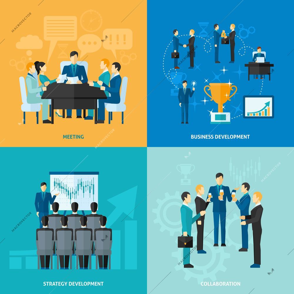 Business design concept set with meeting strategy development and collaboration flat icons isolated vector illustration