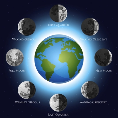 Moon phases lunar cycle shadow and earth globe vector illustration