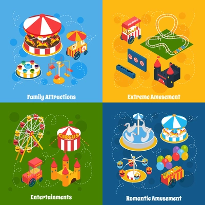 Amusement park isometric set with family attractions extreme and romantic entertainment isolated vector illustration