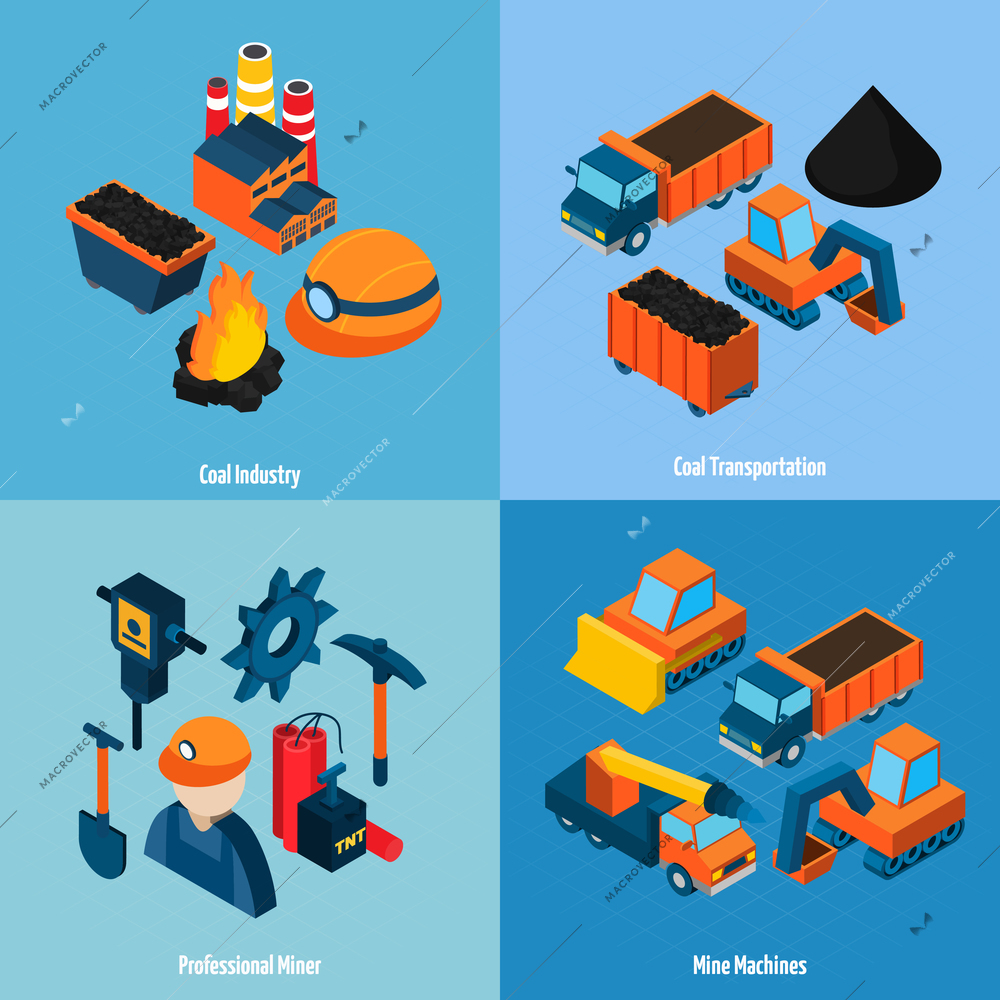 Coal industry design concept set with transportation mine machines and professional miner isometric icons isolated vector illustration