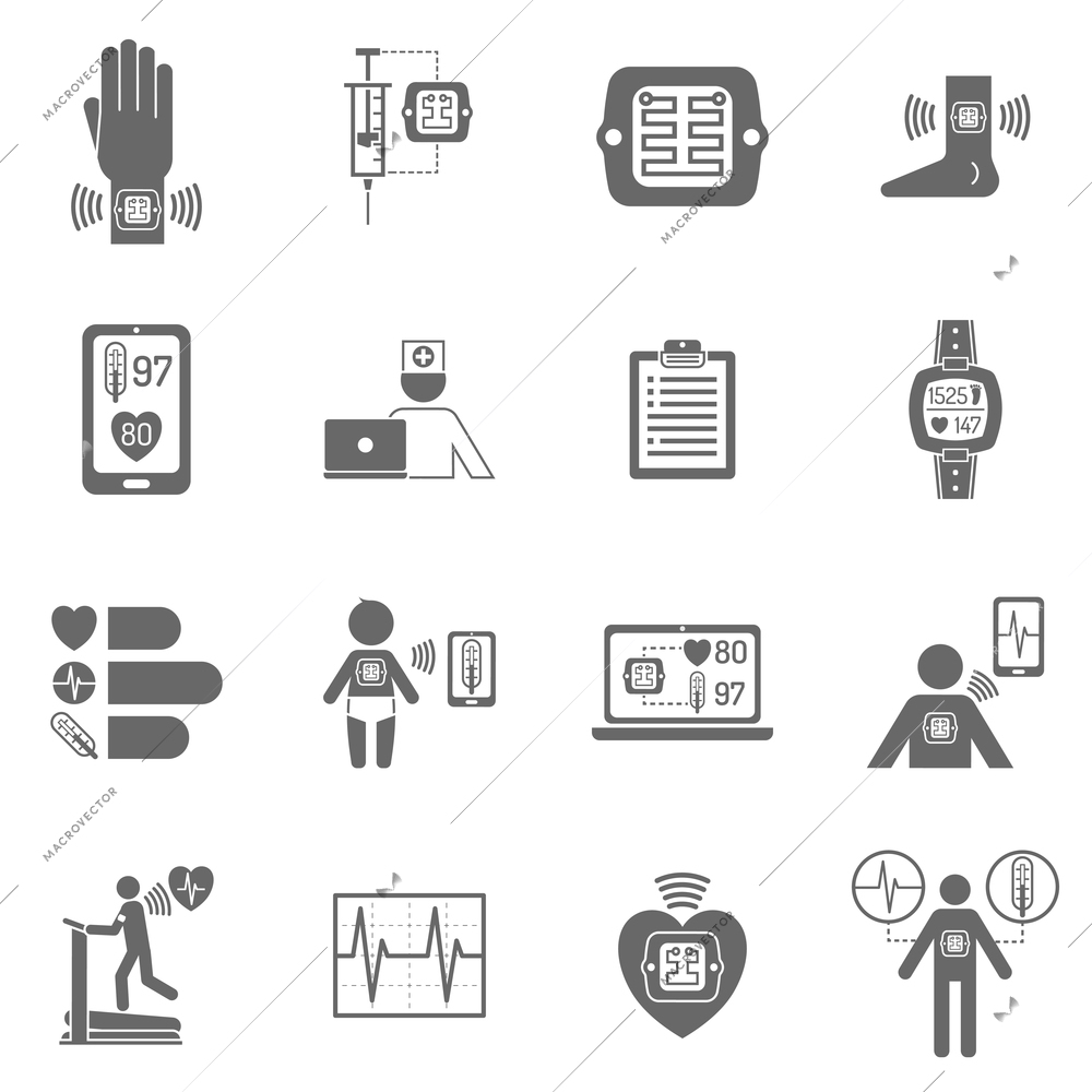 Black and white wearable smart electronic patch isolated flat icons vector illustration