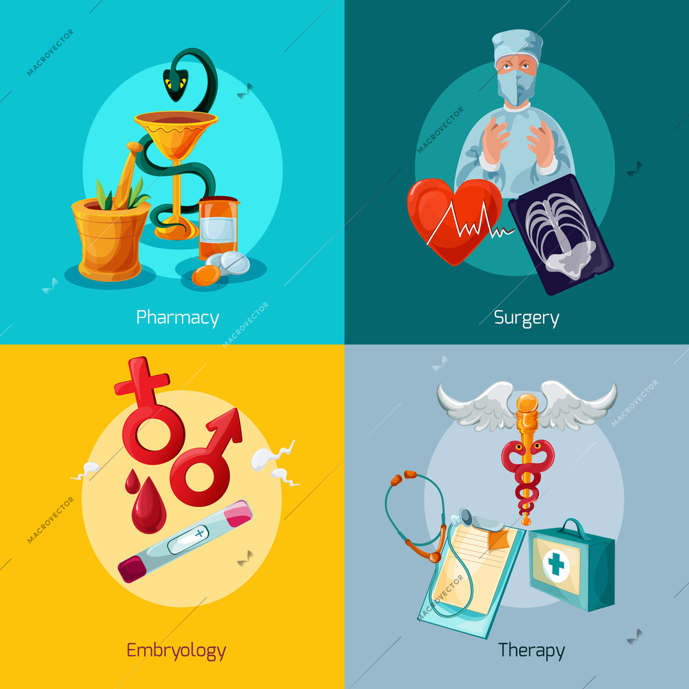 Medical design concept set with pharmacy surgery embryology therapy icons isolated vector illustration