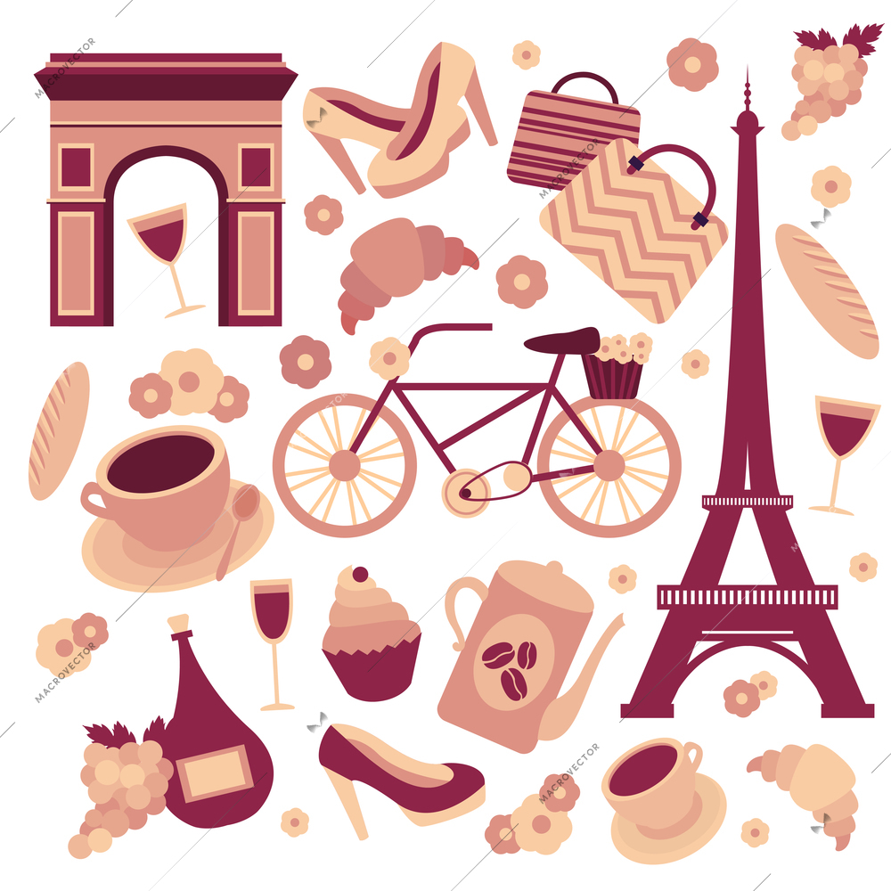 Paris symbols collection of eiffel tower french croissant coffee and culture isolated vector illustration