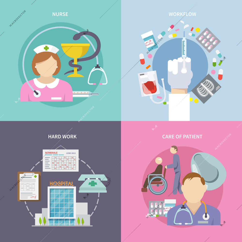 Nurse workflow design concept set with care of patients flat icons isolated vector illustration