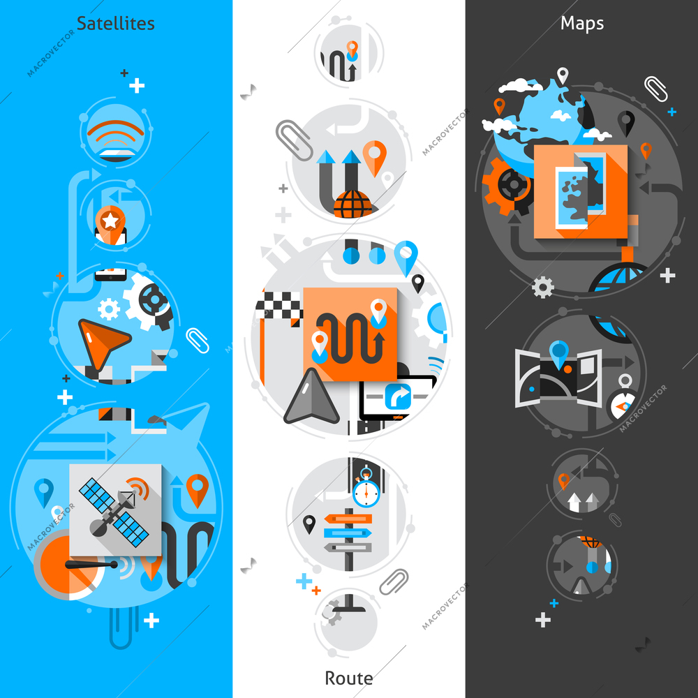 Navigation vertical banner set with satellite route and maps elements isolated vector illustration