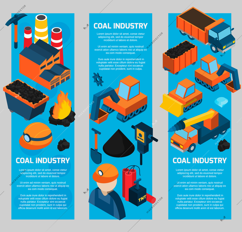 Coal industry vertical banners set with machines worker transportation isometric elements isolated vector illustration