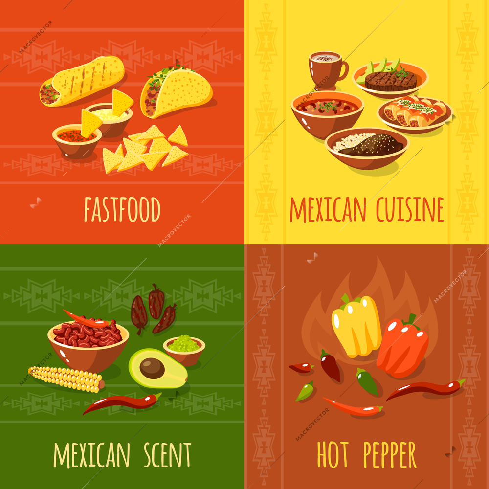 Mexican design concept set with fastfood cuisine scent hot pepper icons isolated vector illustration