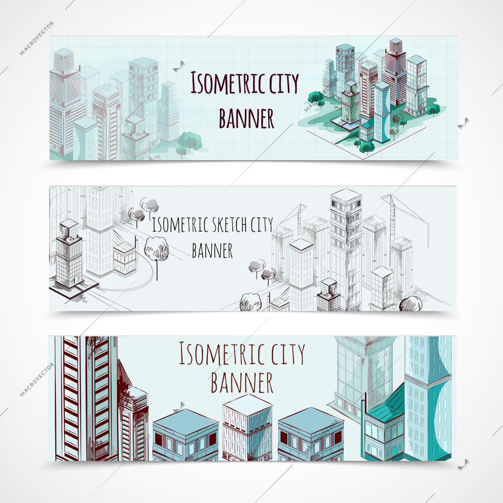 Isometric building horizontal hand drawn banners set isolated vector illustration