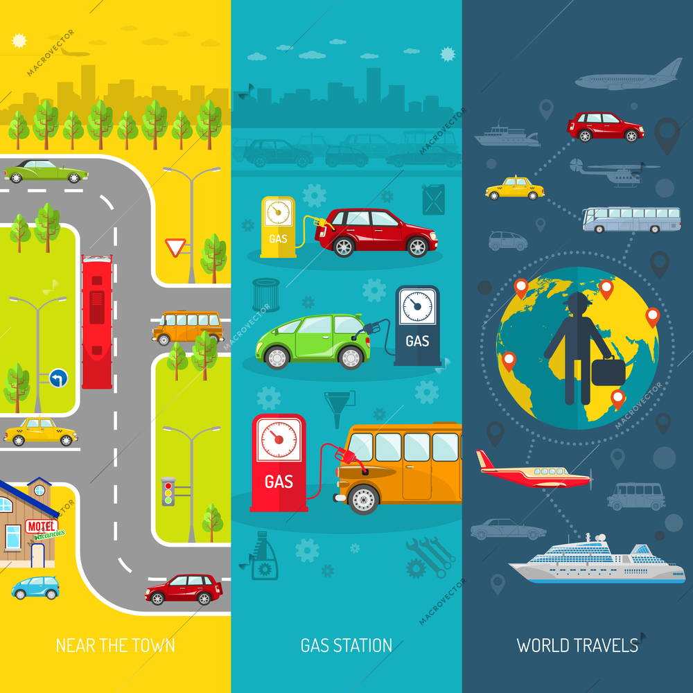 Transport flat vertical banner set with gas station and world travels elements isolated vector illustration