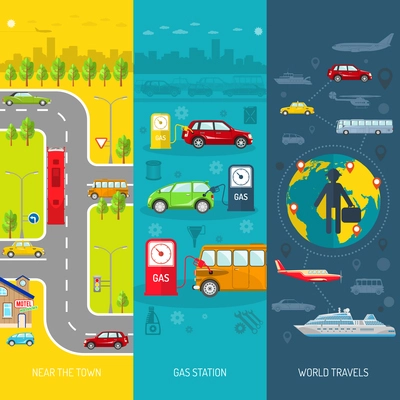 Transport flat vertical banner set with gas station and world travels elements isolated vector illustration