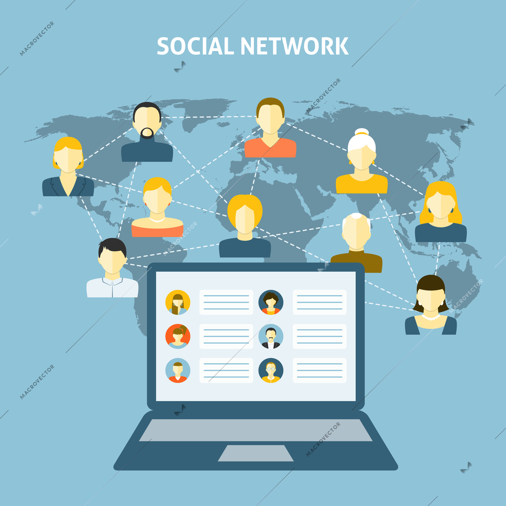 Social network concept with laptop people avatar connected and world map on background vector illustration