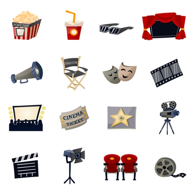 Cinema icons flat set with megaphone glasses ticket director chair isolated vector illustration