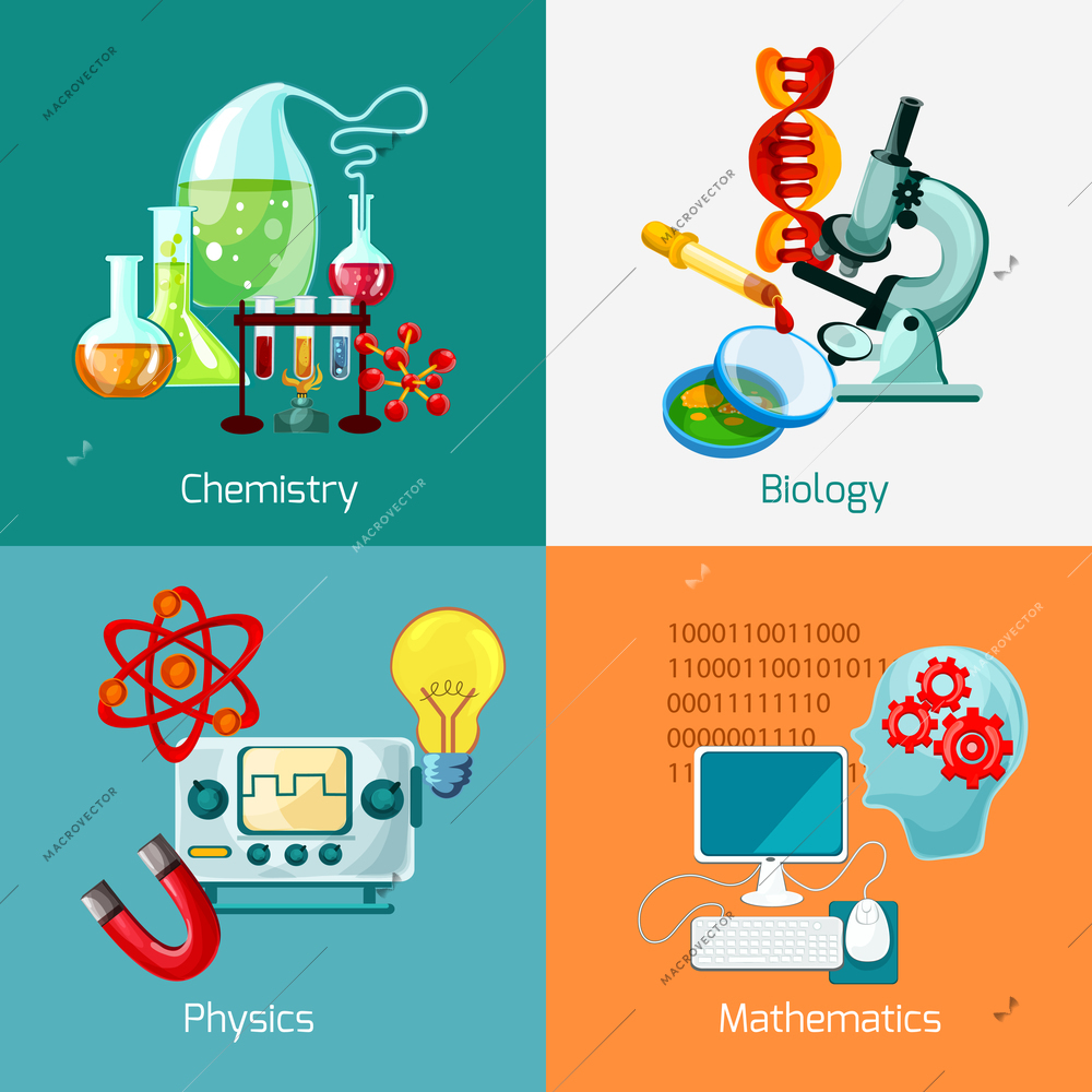 Science design concept set with chemistry biology physics mathematics icons isolated vector illustration