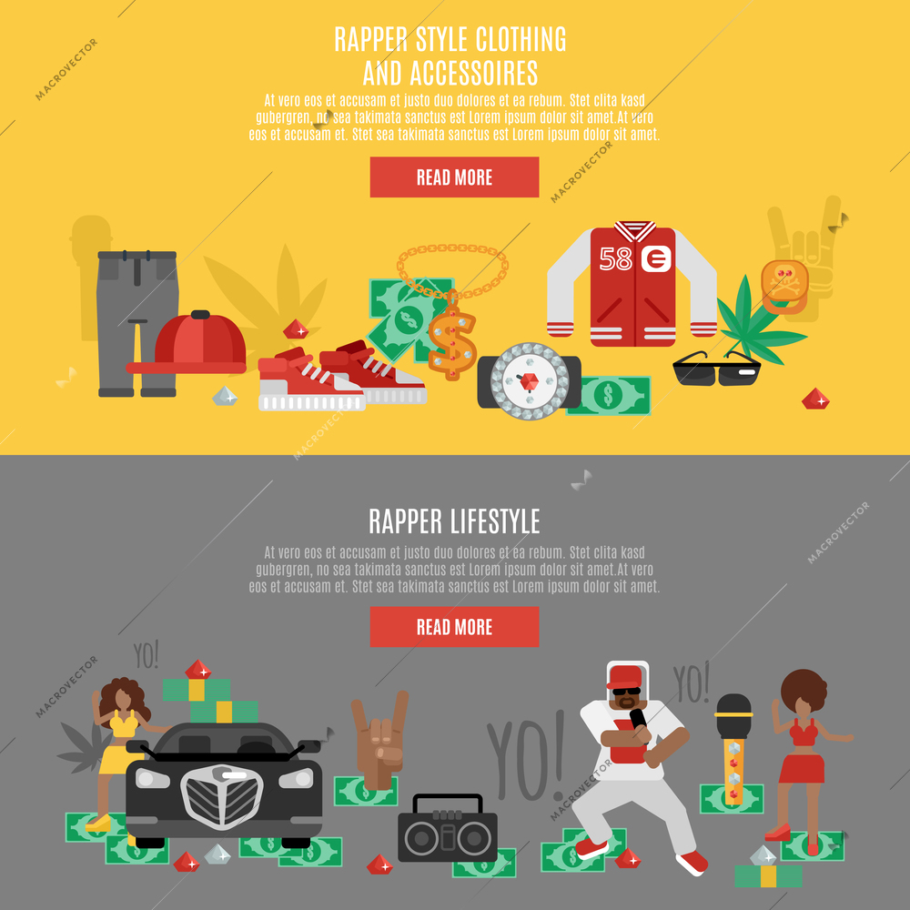 Rap music horizontal banner set with rapper lifestyle accessories isolated vector illustration