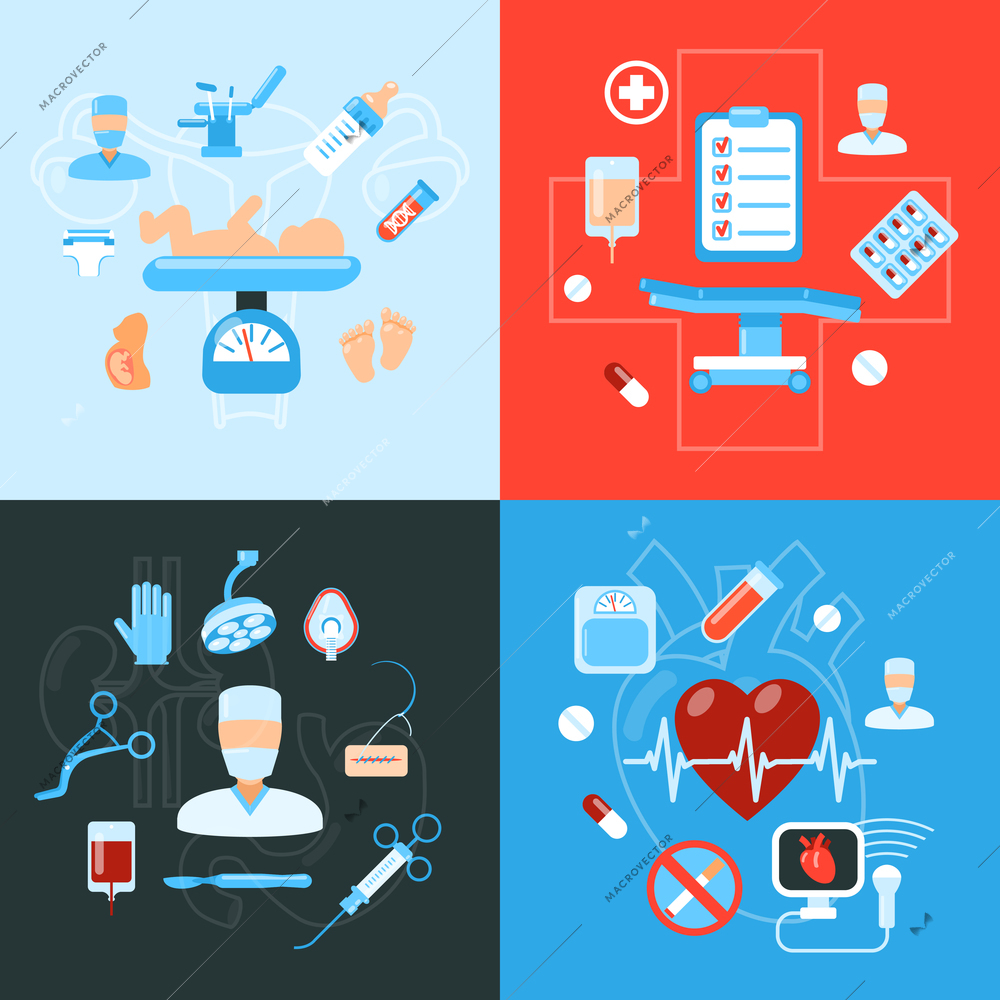 Medical hospital surgery flat icons composition of baby birth and heart rate monitoring abstract  isolated vector illustration