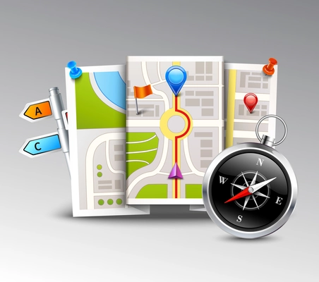 Navigation realistic background with compass map and distance points vector illustration