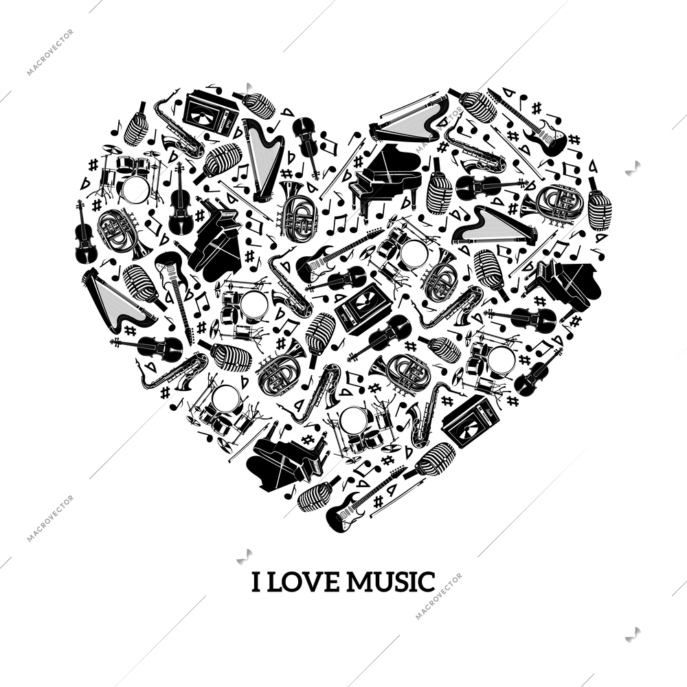 Love music concept with black icons musical instruments in heart shape vector illustration