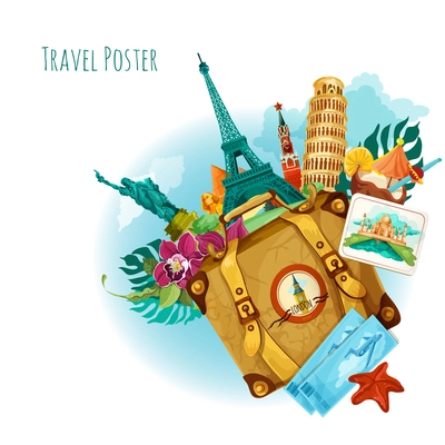 World landmarks travel background with travel tickets suitcase and flower vector illustration