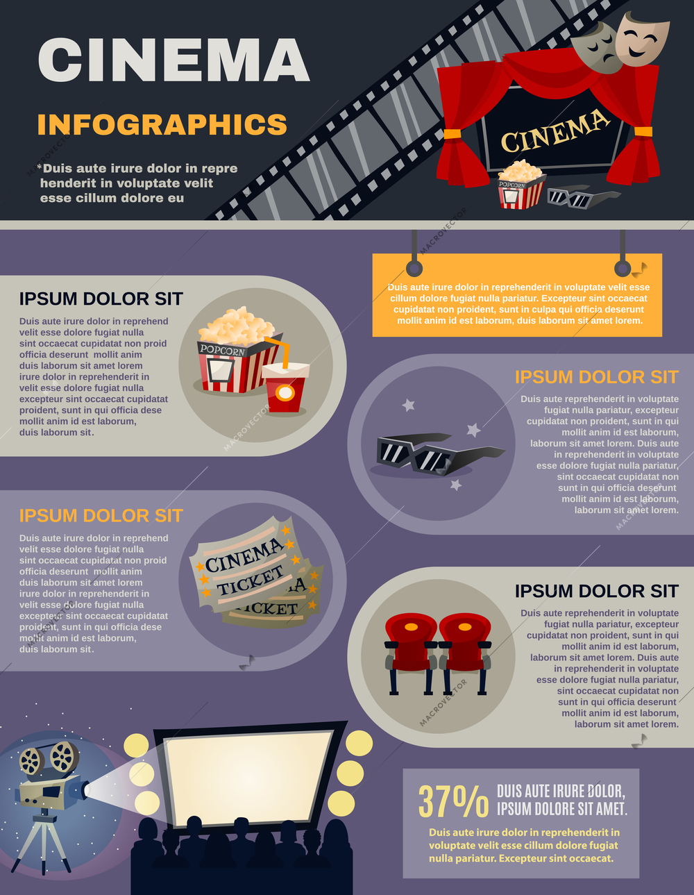 Cinema infographics set with movie and film symbols vector illustration