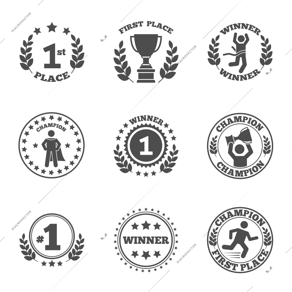 First place emblem and winner ribbons labels set vector illustration