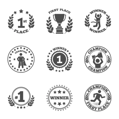 First place emblem and winner ribbons labels set vector illustration