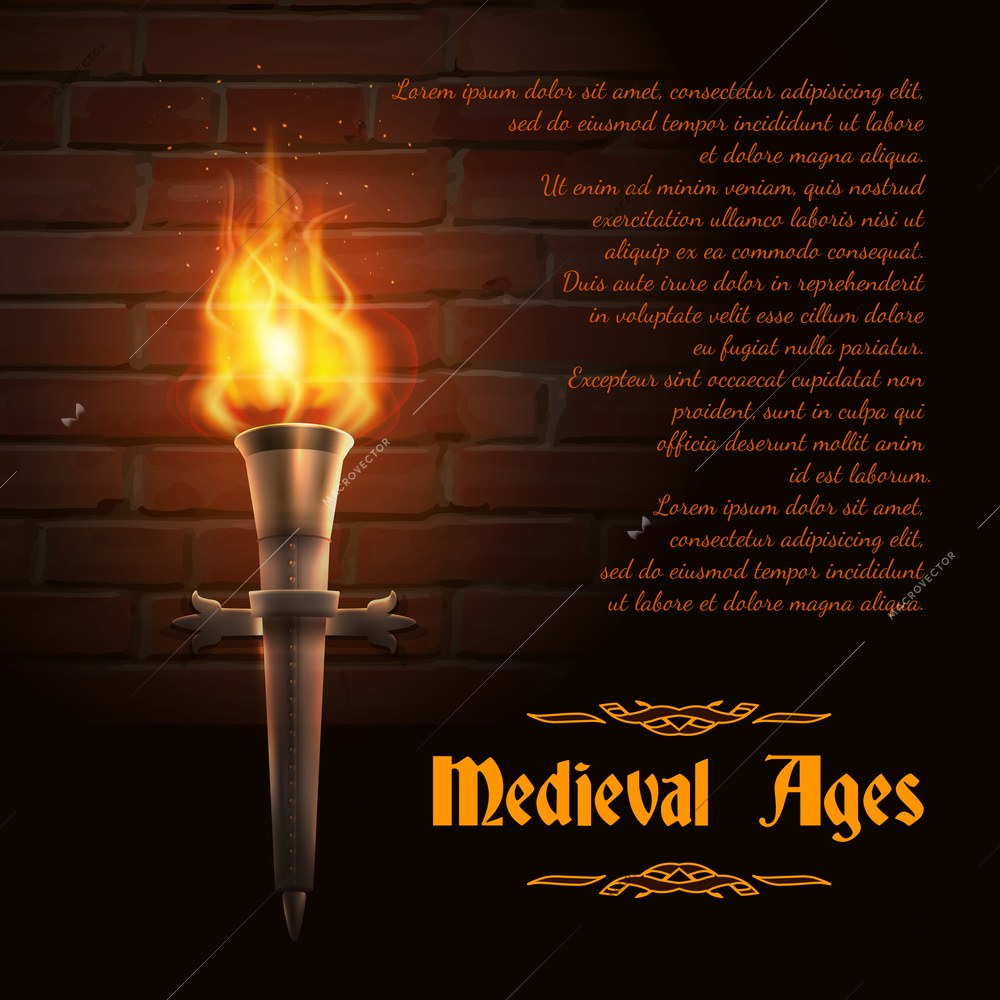 Realistic fire torch on brick wall background with medieval ages text vector illustration