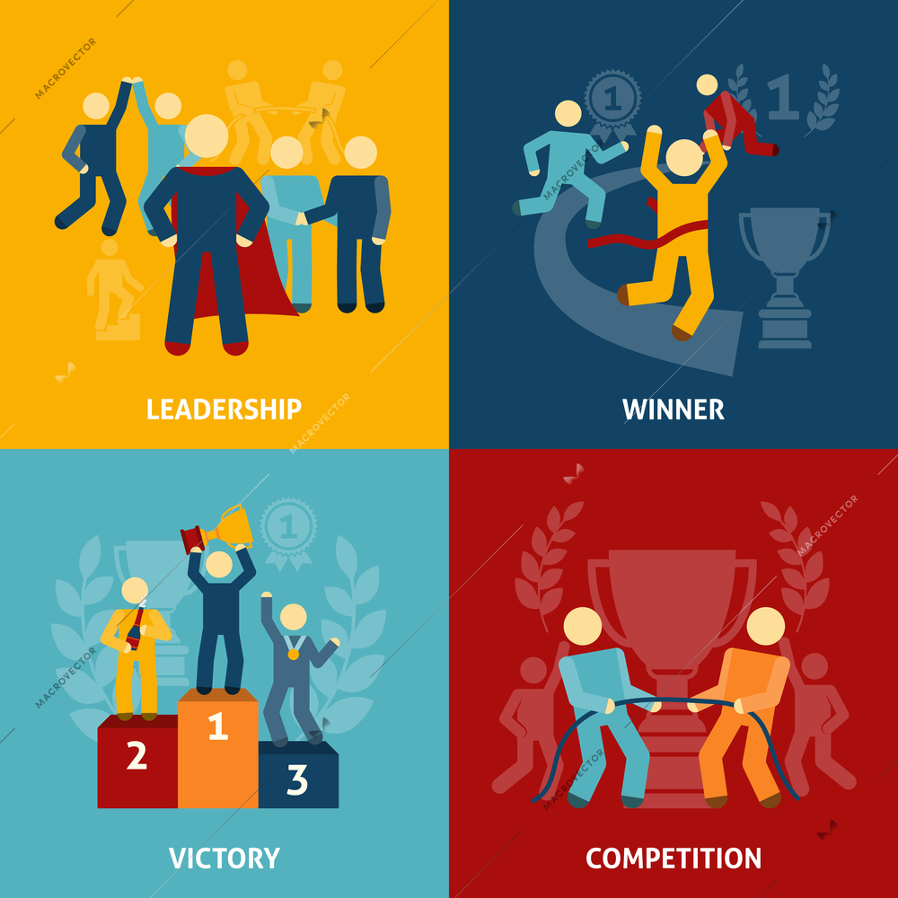 Competition flat icons set with leadership winner victory isolated vector illustration