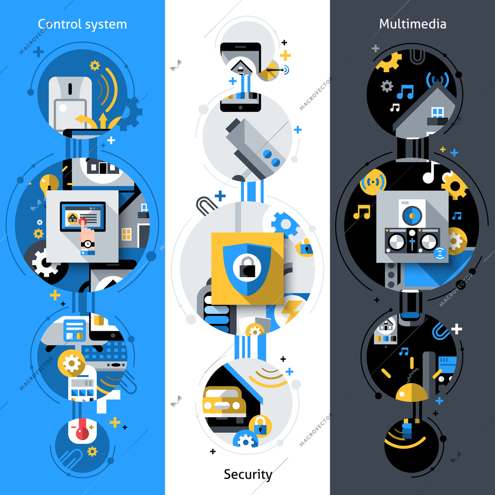 Smart house vertical banners set with security multimedia control system flat elements isolated vector illustration