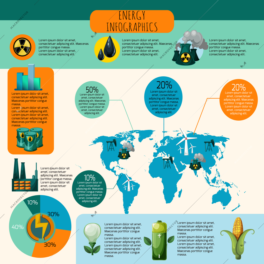 Energy infographics set with eco electricity and green power production symbols vector illustration