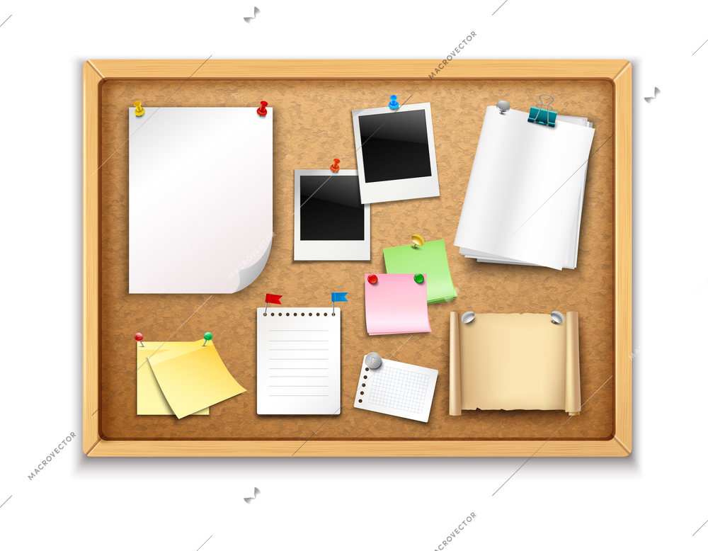 Cork board with pinned paper notepad sheets and photos realistic vector illustration