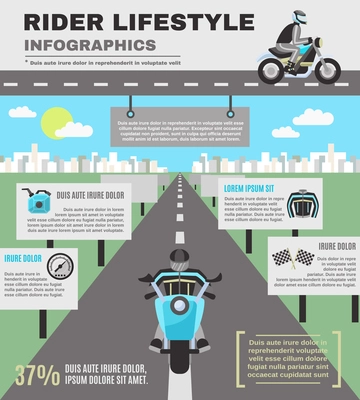 Rider infographics set with biker on motorcycle on the road isolated vector illustration