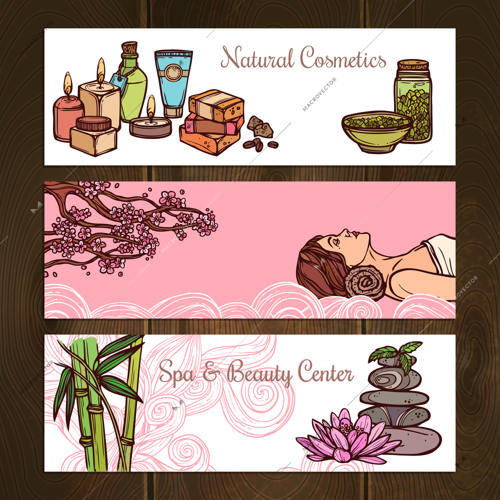 Spa beauty center natural cosmetics sketch horizontal banners set isolated vector illustration