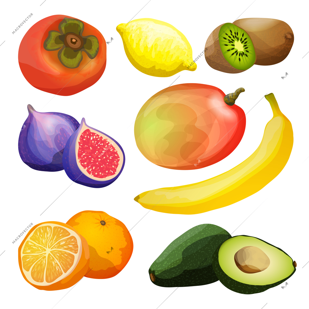 Exotic fruits decorative icons set with avocado kiwi lemon mango banana isolated vector illustration