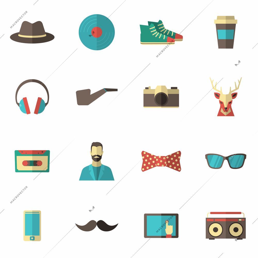 Hipster accessories icon flat set with hat vinyl record coffee cup isolated vector illustration