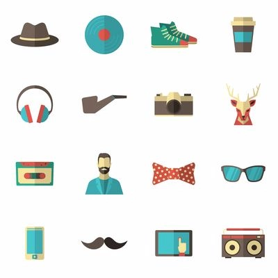 Hipster accessories icon flat set with hat vinyl record coffee cup isolated vector illustration