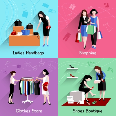 Woman shopping design concept set with handbags clothes and shoes stores flat icons isolated vector illustration