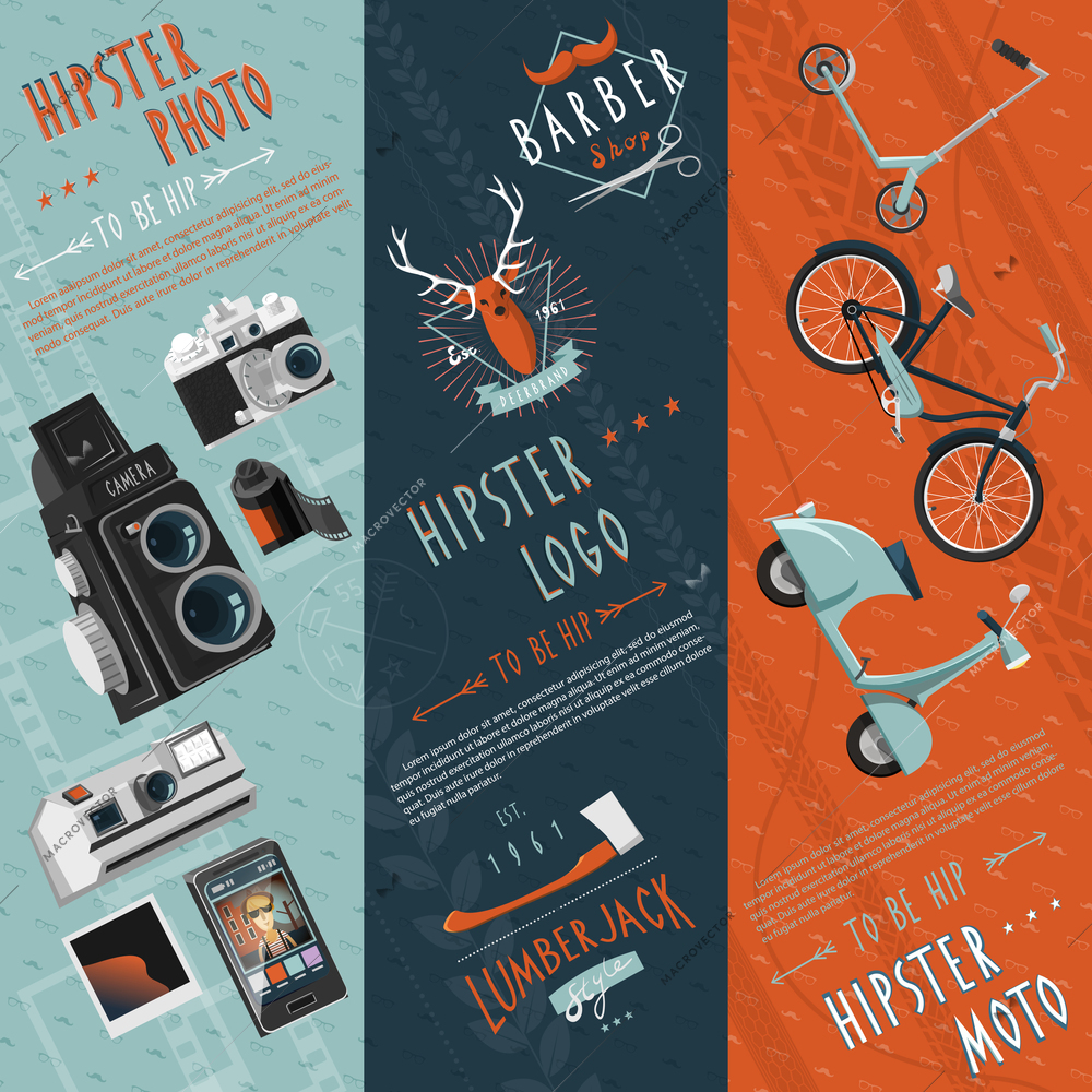 To be hip concept flat banners set with hipster motor logo and photo pictograms abstract vector illustration