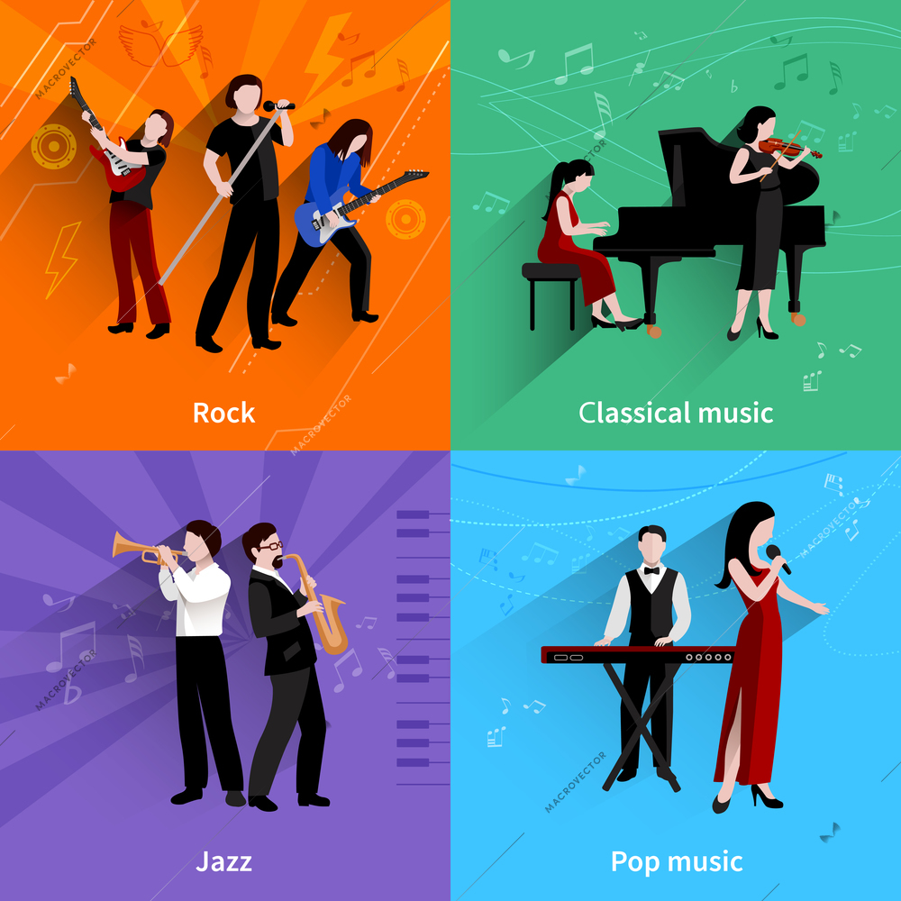 Musicians design concept set with pop rock jazz classical music players flat icons isolated vector illustration