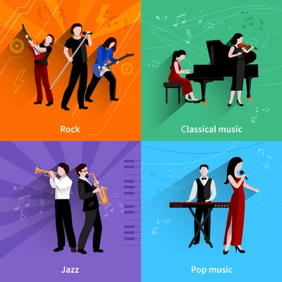 Musicians design concept set with pop rock jazz classical music players flat icons isolated vector illustration