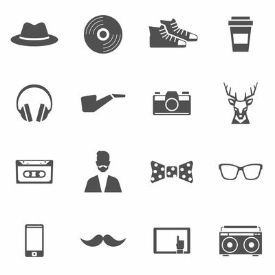 Hipster black icons set with headphones smoking pipe camera isolated vector illustration